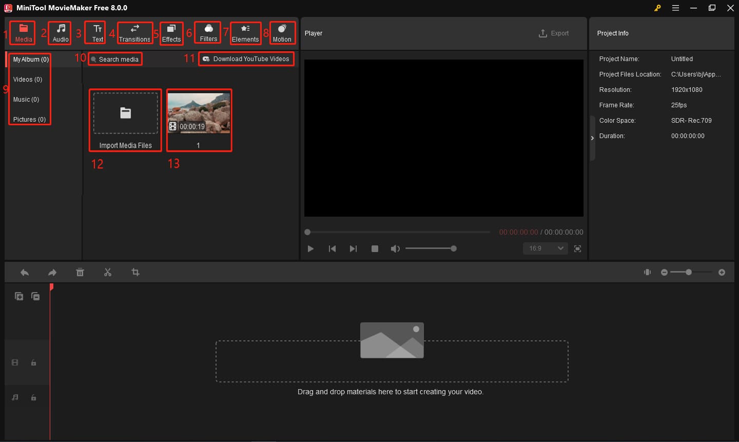 Панель Media, Audio, Text, Transitions, Effects, Filters, Elements и Motion