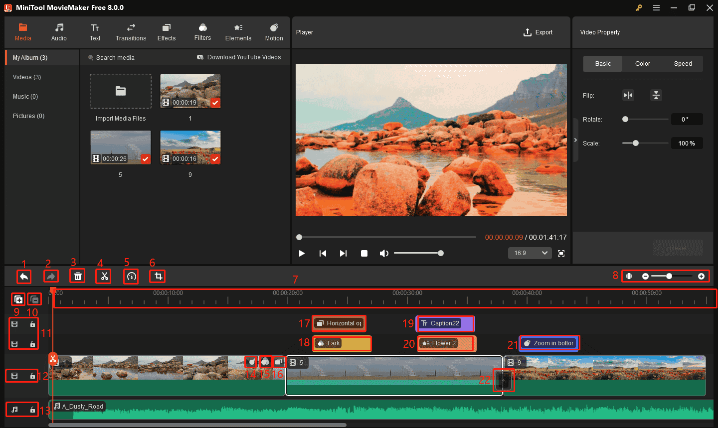 Timeline MiniTool MovieMaker с командами Undo, Split, Speed, Crop и дополнительными дорожками