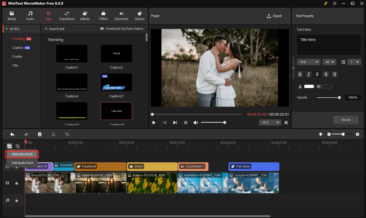 Меню Add tracks с командами Add video track и Add audio track