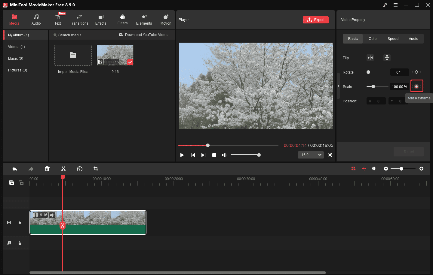 Кнопка Add Keyframe рядом с параметром Scale в Video Property