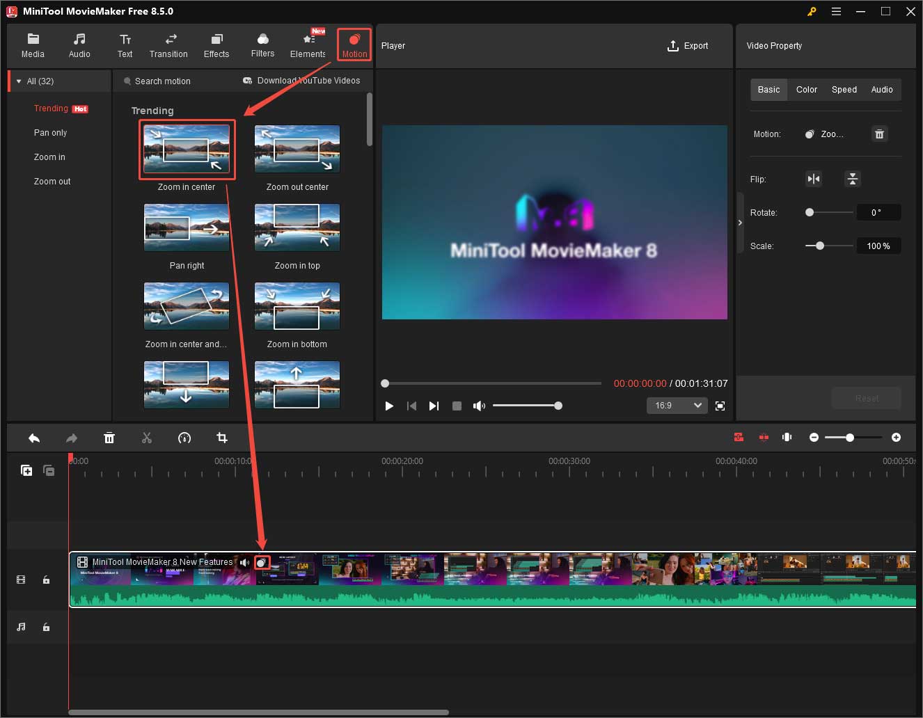 Библиотека Motion с вариантами Zoom и Pan и применением движения к клипу
