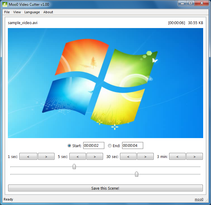 Moo0 Video Cutter с загруженным sample_video.avi и установленными границами Start и End