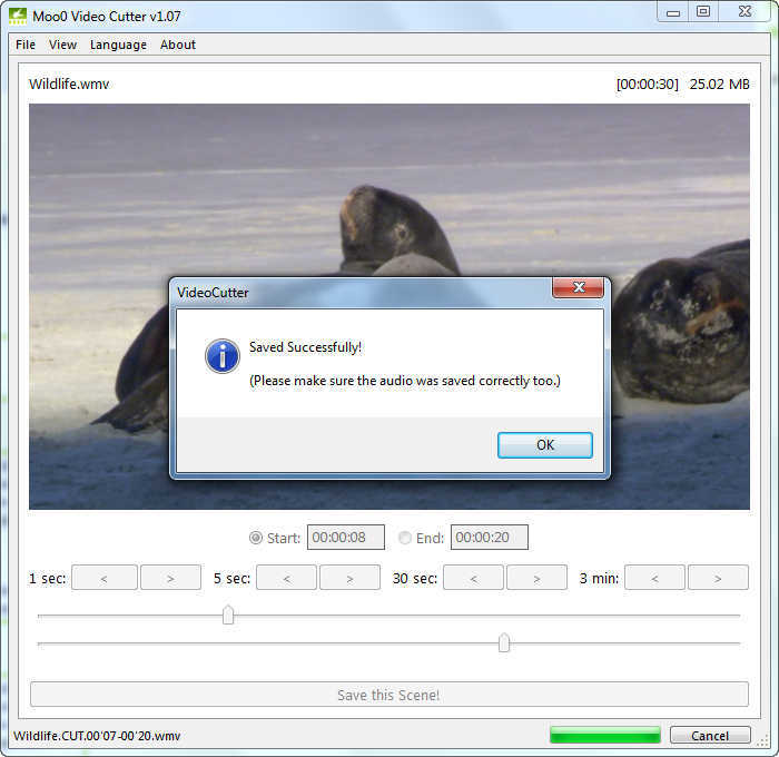 Moo0 Video Cutter с окном Saved Successfully после вырезания фрагмента Wildlife.wmv