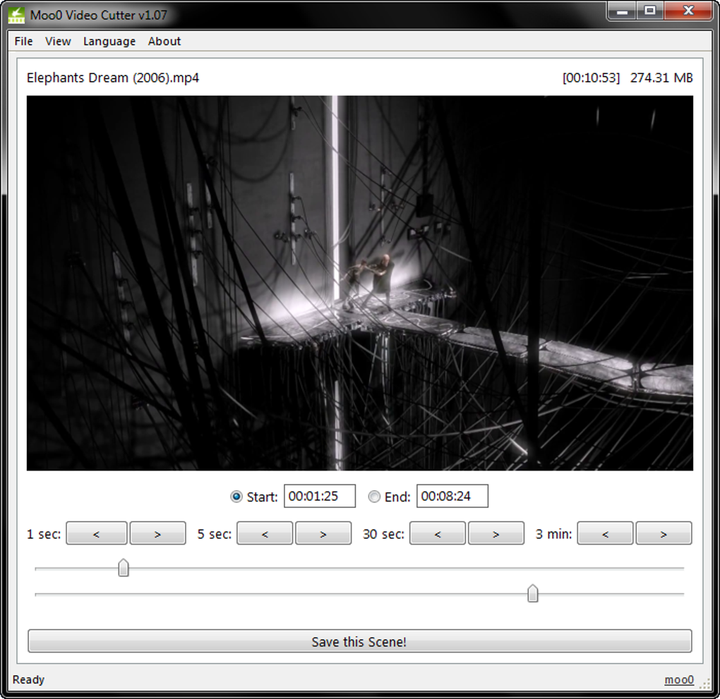 Moo0 Video Cutter 1.07 с видео Elephants Dream и установленными границами сцены