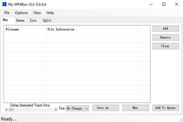 Главное окно My MP4Box GUI 0.6.0.6 с вкладками Mux, Demux, Join и Split