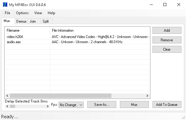 My MP4Box GUI с добавленными дорожками H.264 и AAC во вкладке Mux
