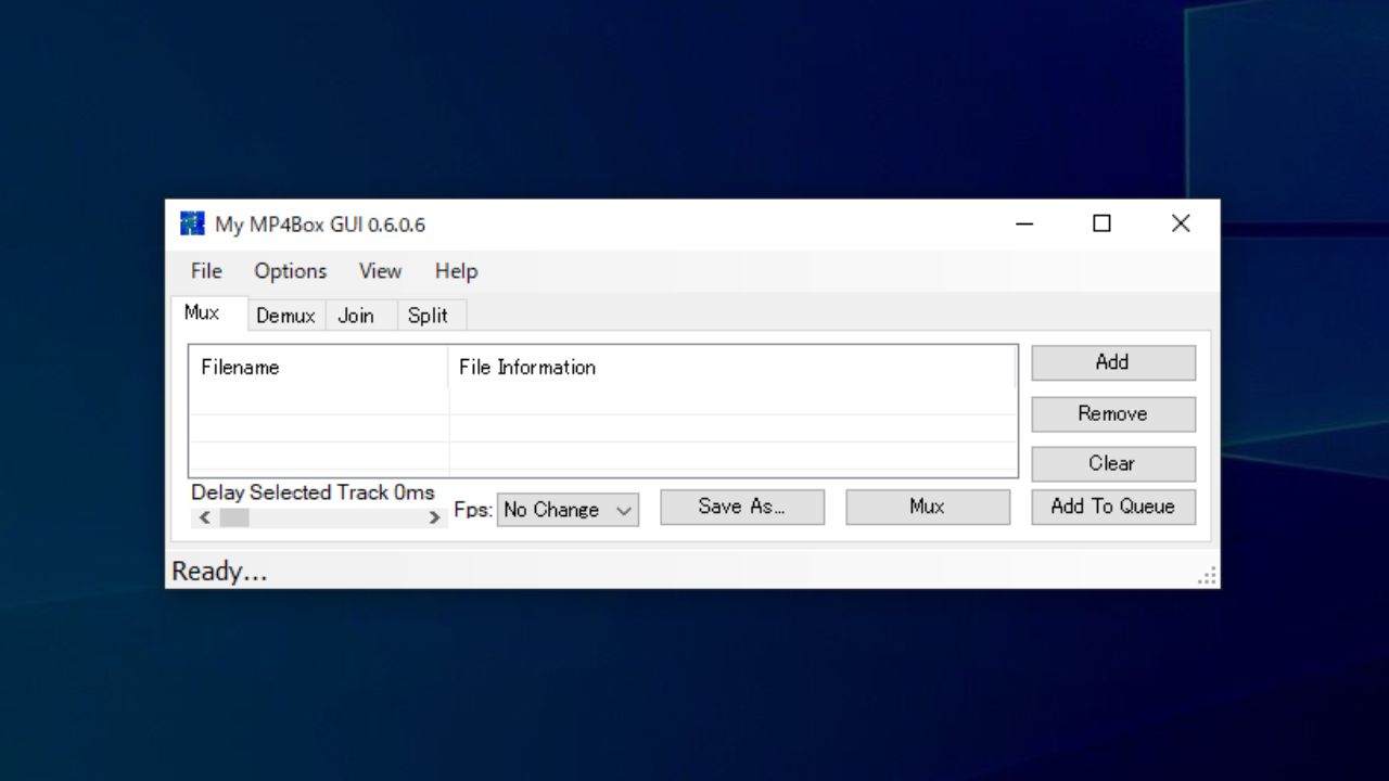 My MP4Box GUI 0.6.0.6 в окне Windows с основной вкладкой Mux