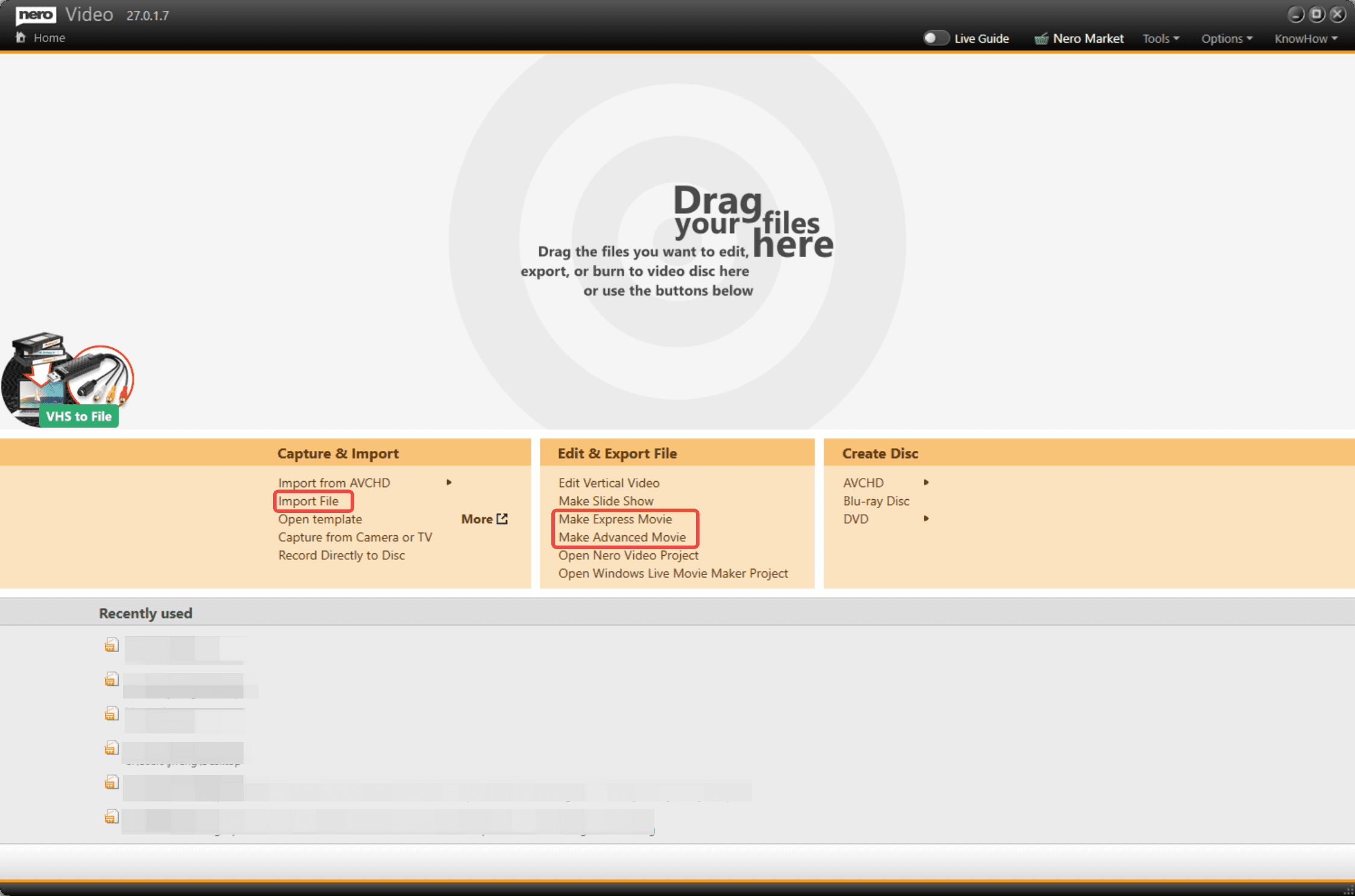Стартовый экран Nero Video с блоками Capture & Import, Edit & Export File и Create Disc