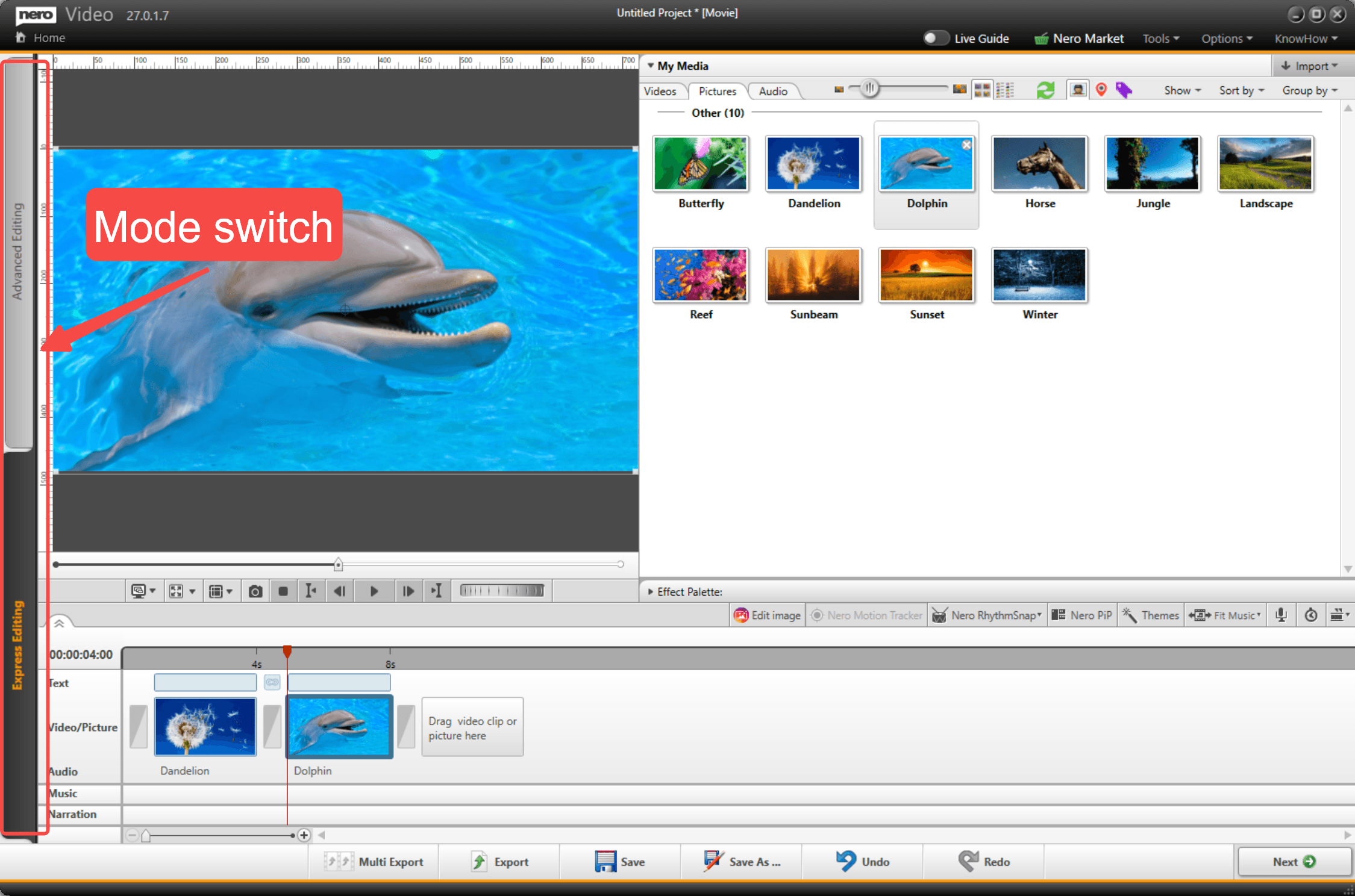 Режим Express Editing с последовательностью клипов и переключателем режимов