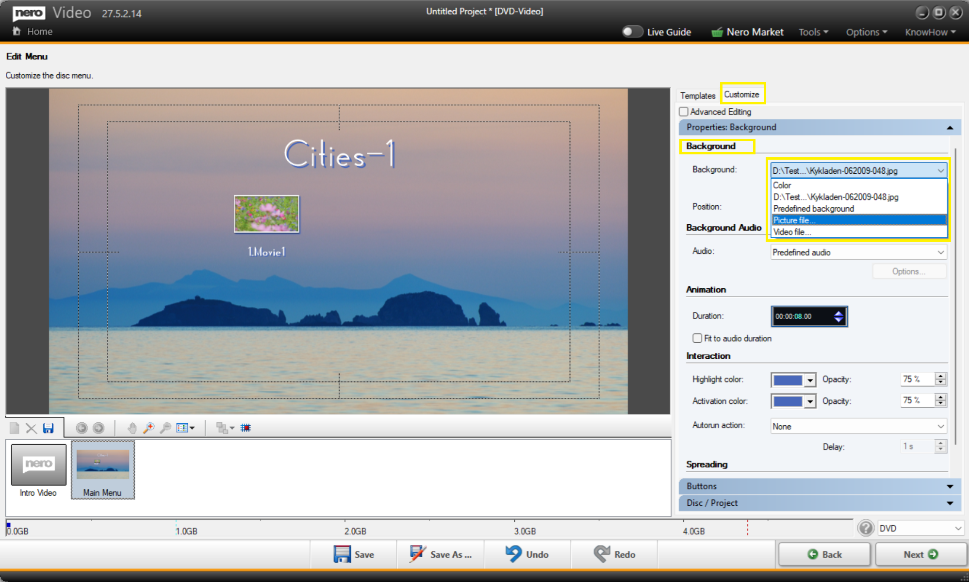 Edit Menu в Nero Video: вкладка Customize и выбор собственного фона Picture или Video