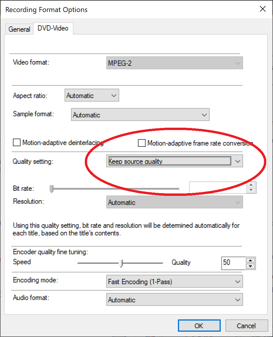 Recording Format Options для DVD-Video с настройкой Keep source quality