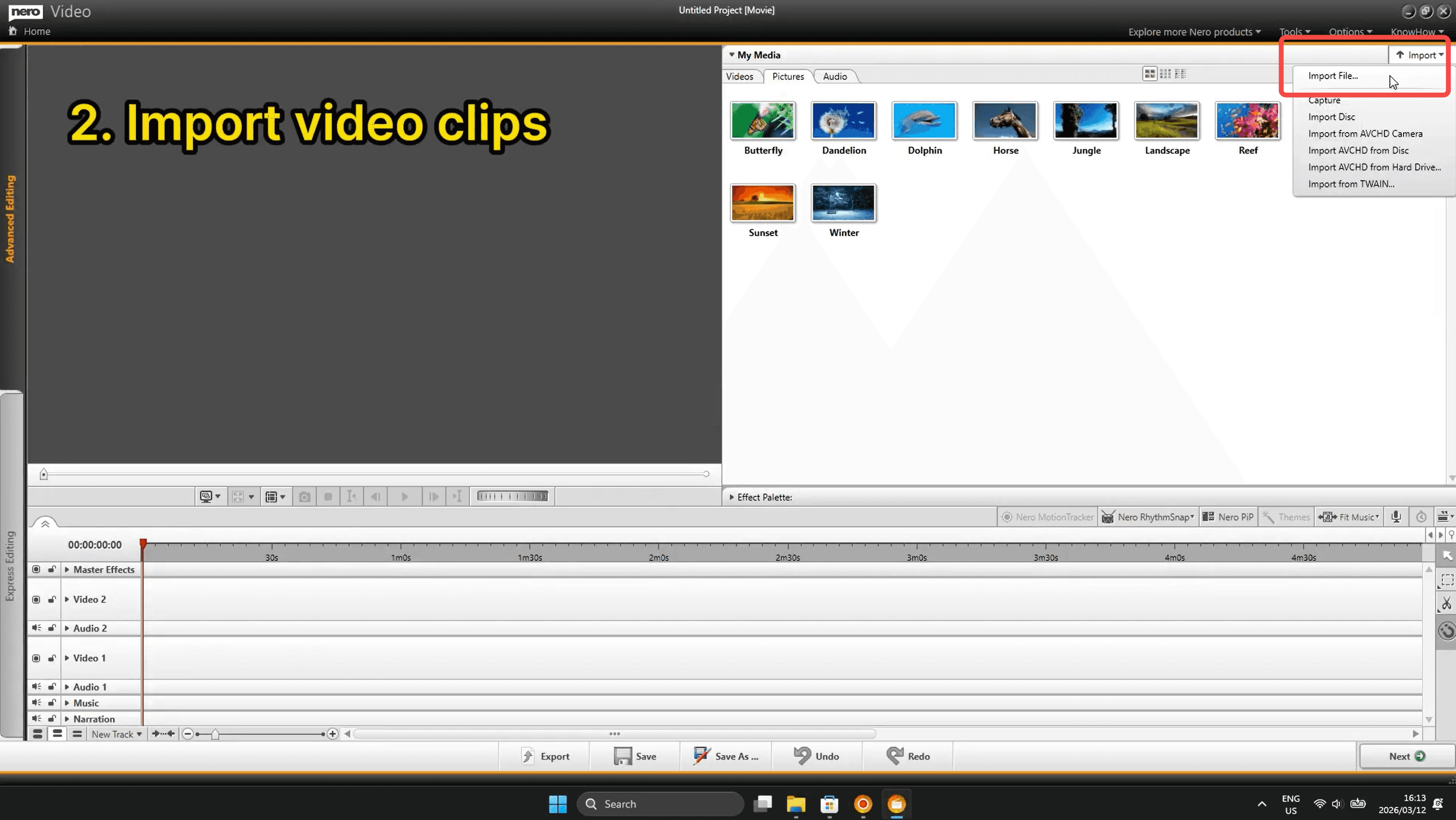 Импорт видеоклипов через кнопку Import в начале проекта Advanced Editing