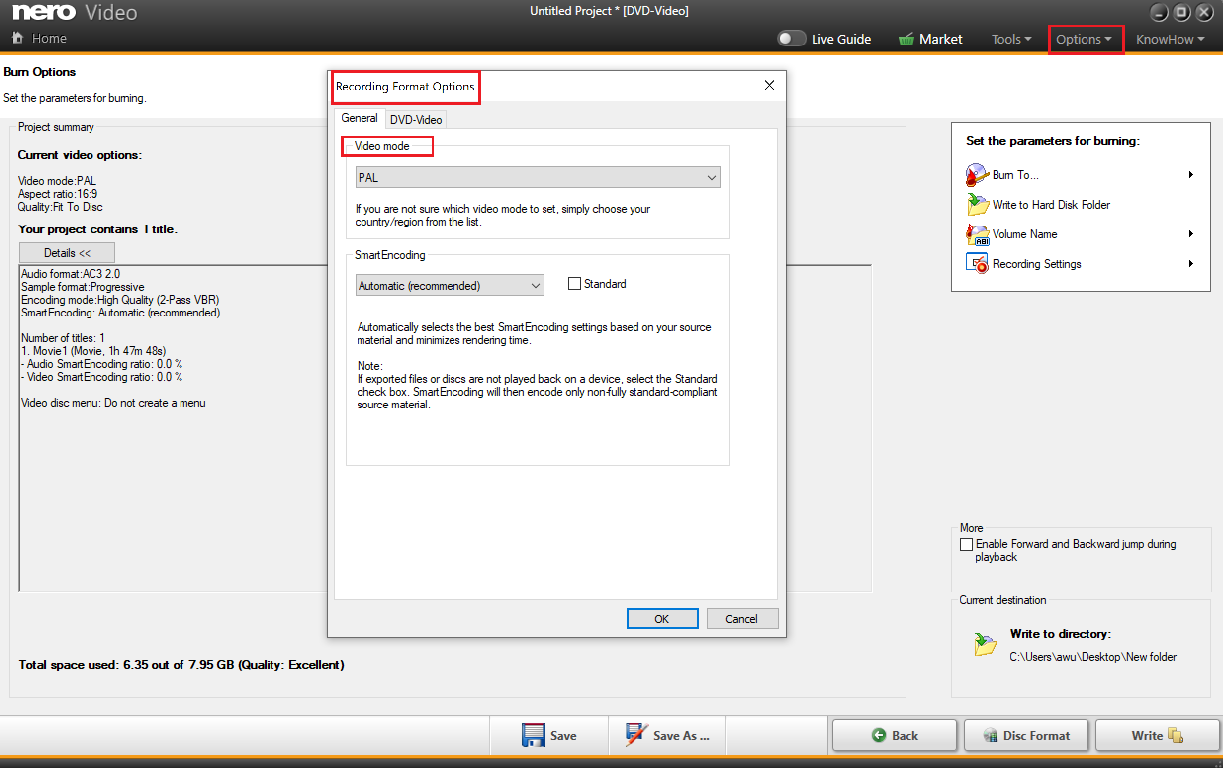 Recording Format Options и SmartEncoding на странице Burn Options