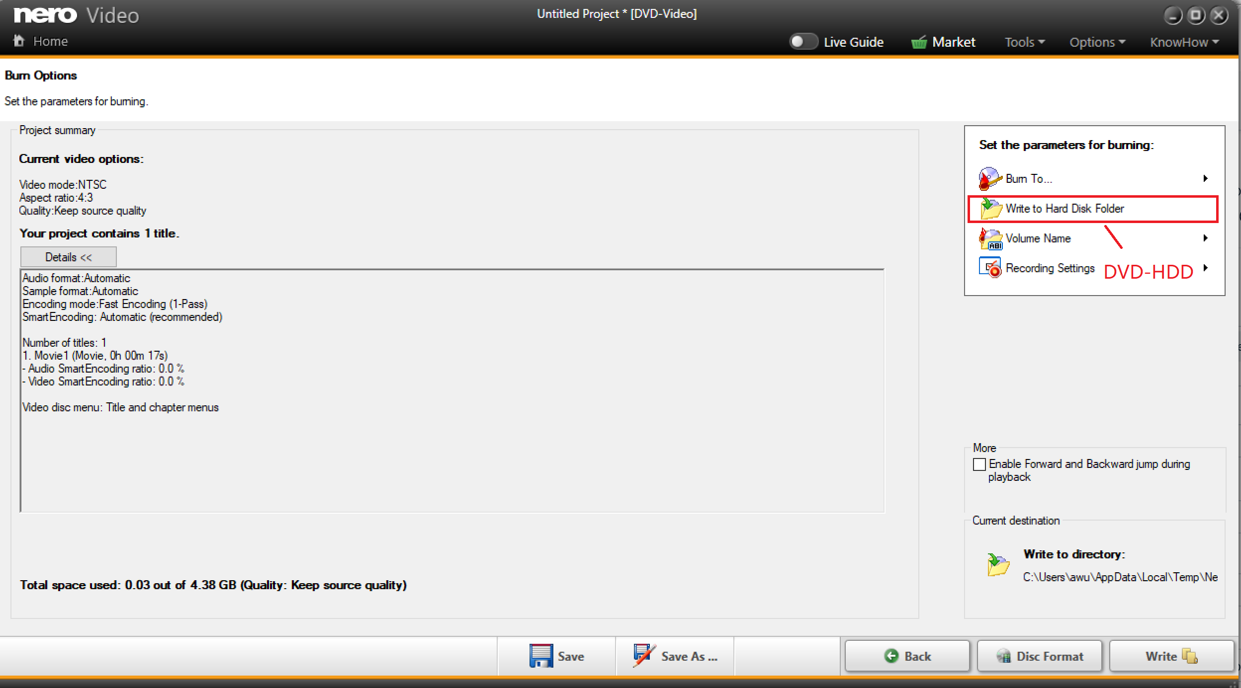 Burn Options с выбранным Write to Hard Disk Folder