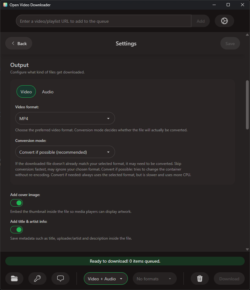 Интерфейс Open Video Downloader: Субтитры: источник, формат и встраивание