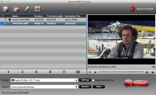 Главное окно Pavtube MXF Converter с очередью MXF-файлов и профилем Apple ProRes 422