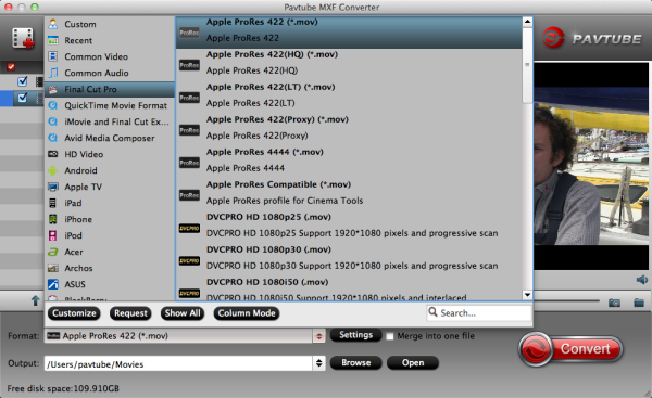 Список профилей Final Cut Pro и Apple ProRes в Pavtube MXF Converter