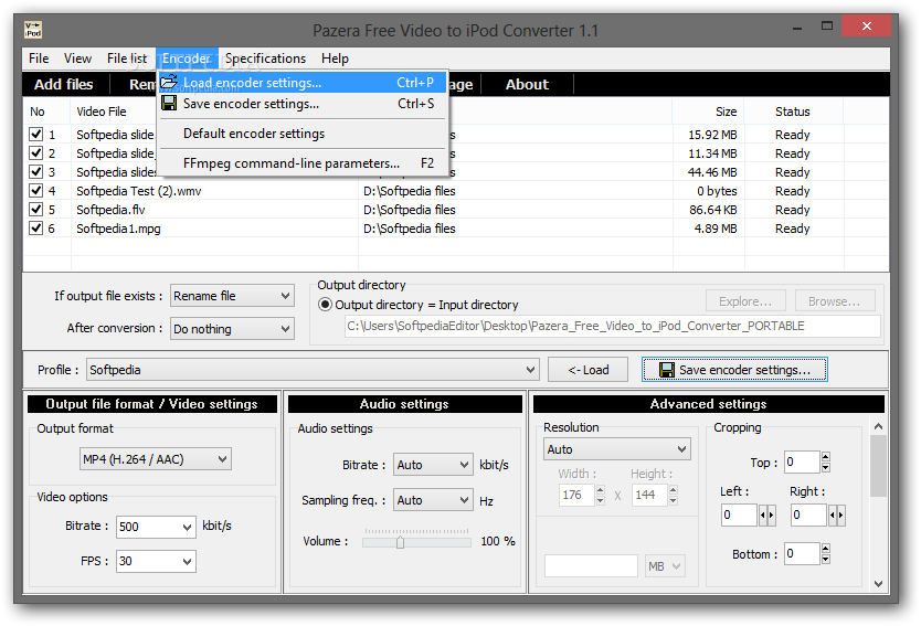 Меню Encoder в Pazera Free Video to iPod Converter 1.1 с сохранением настроек и параметрами командной строки FFmpeg