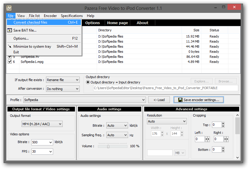 Меню File в Pazera Free Video to iPod Converter 1.1 с командами Convert checked files, Save BAT file и Options
