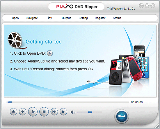 Главное окно Plato DVD Ripper с подсказкой Getting started и кнопкой Start