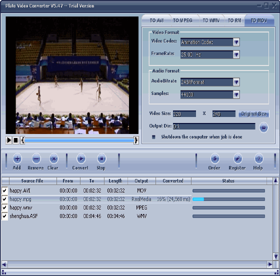 Главное окно Plato Video Converter 5.47 с предпросмотром, вкладками форматов и очередью заданий