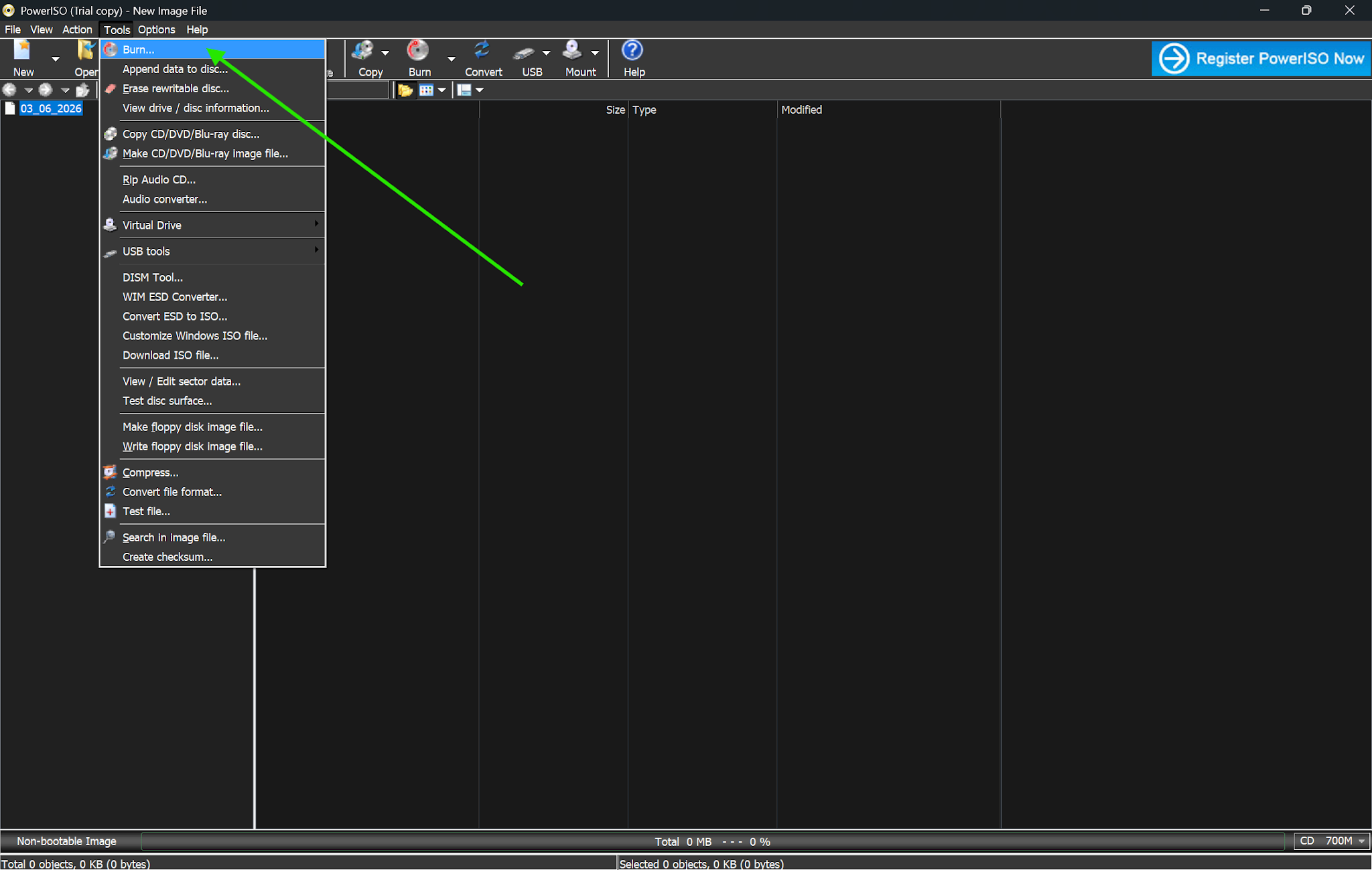 Команда Burn в меню Tools программы PowerISO