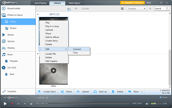 Библиотека RealPlayer с контекстной командой Edit → Convert для отправки выбранного видео в конвертер