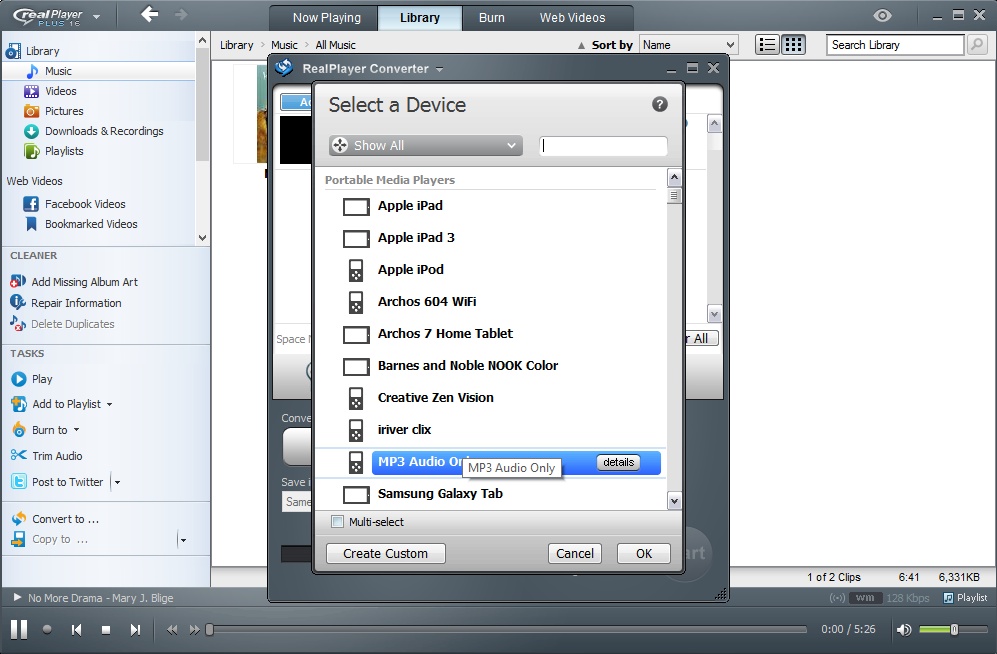 Select a Device в RealPlayer Converter с выбором MP3 Audio Only и списком профилей устройств