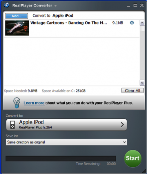 Окно RealPlayer Converter с выбранным профилем Apple iPod и кнопкой Start