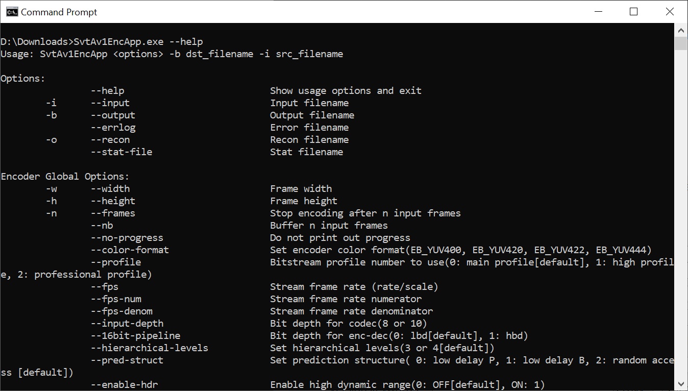 SvtAv1EncApp.exe показывает справку --help в командной строке Windows