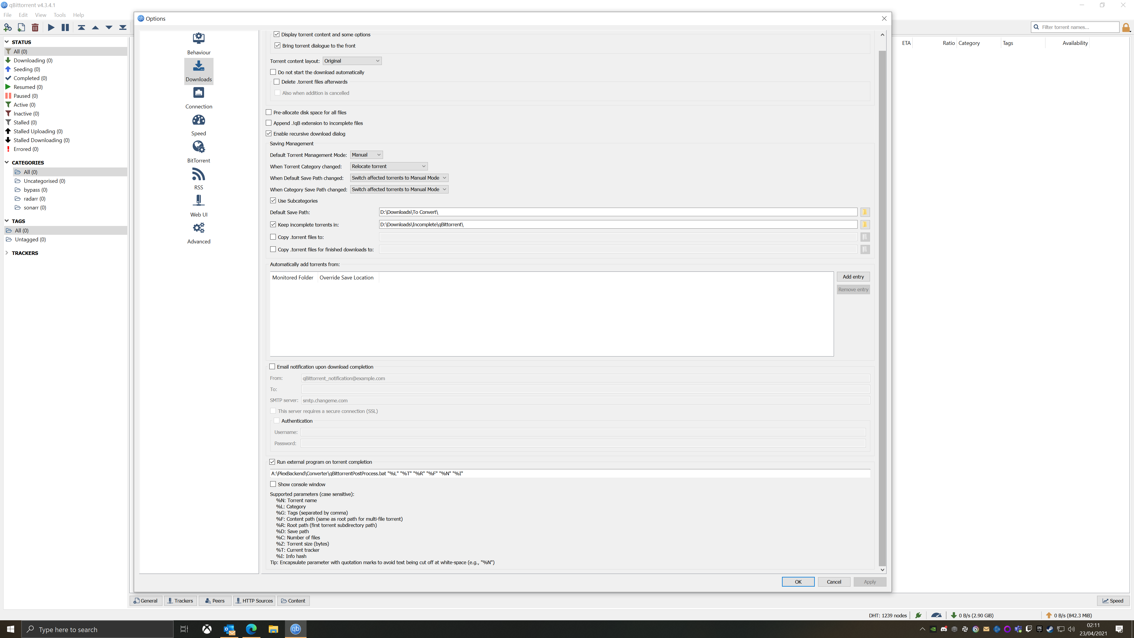 Настройка запуска qBittorrentPostProcess для Sickbeard MP4 Automator в qBittorrent