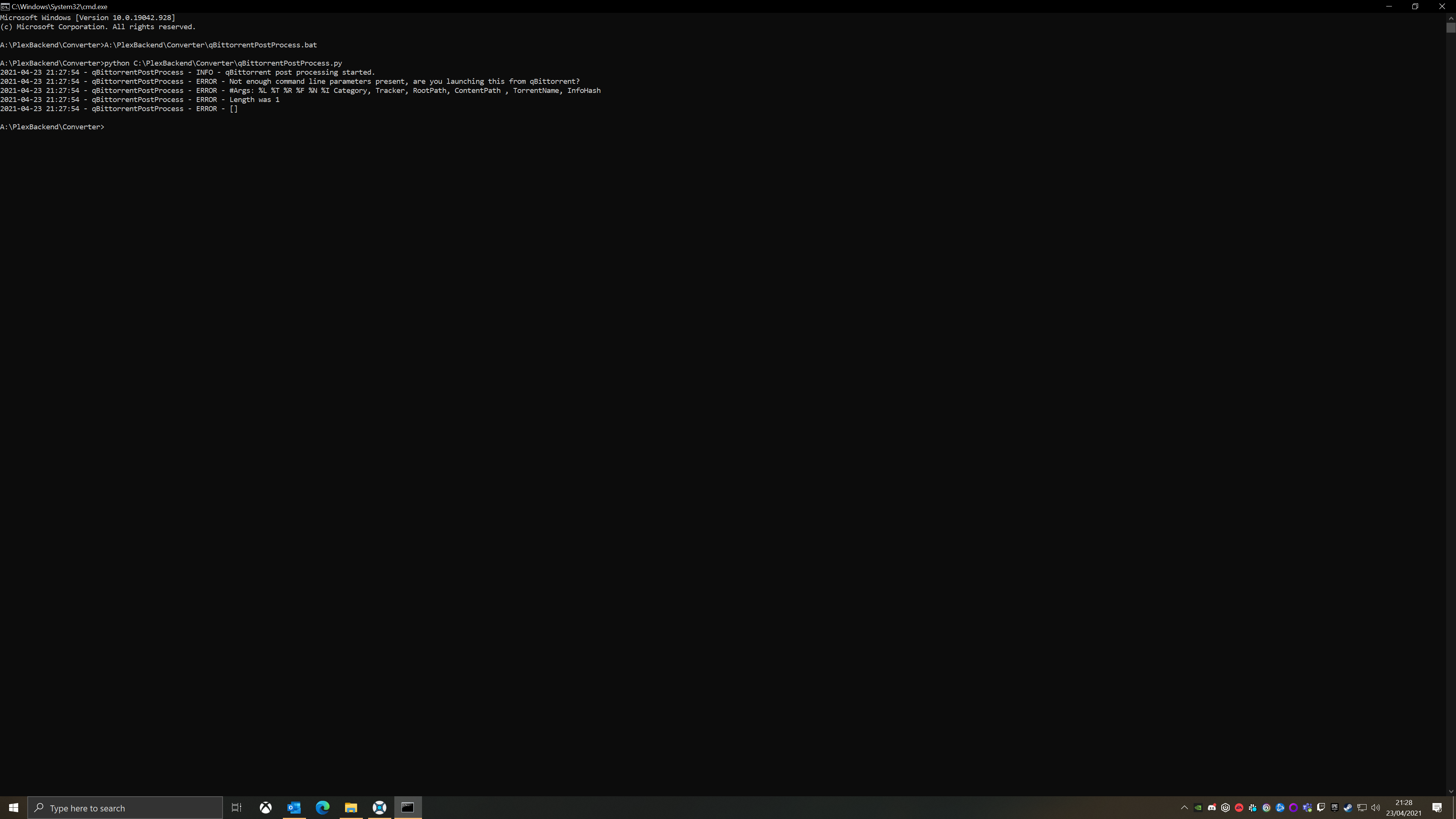 Запуск BAT-обёртки qBittorrentPostProcess Sickbeard MP4 Automator в командной строке Windows