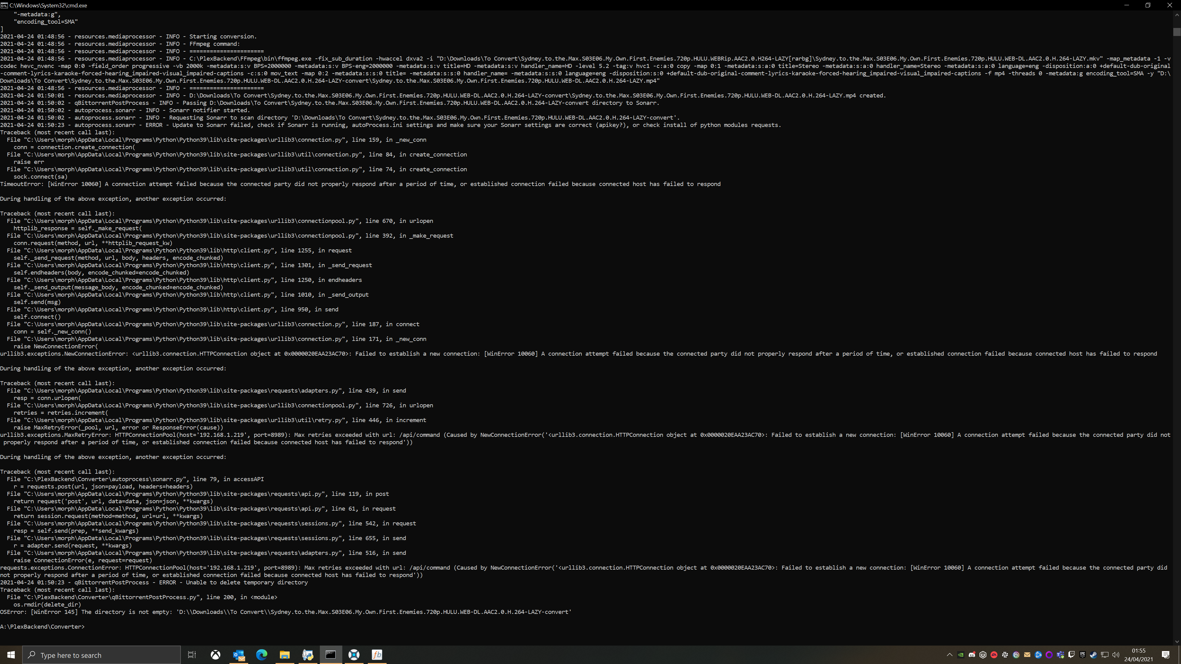 Диагностический вывод Sickbeard MP4 Automator после запуска qBittorrentPostProcess