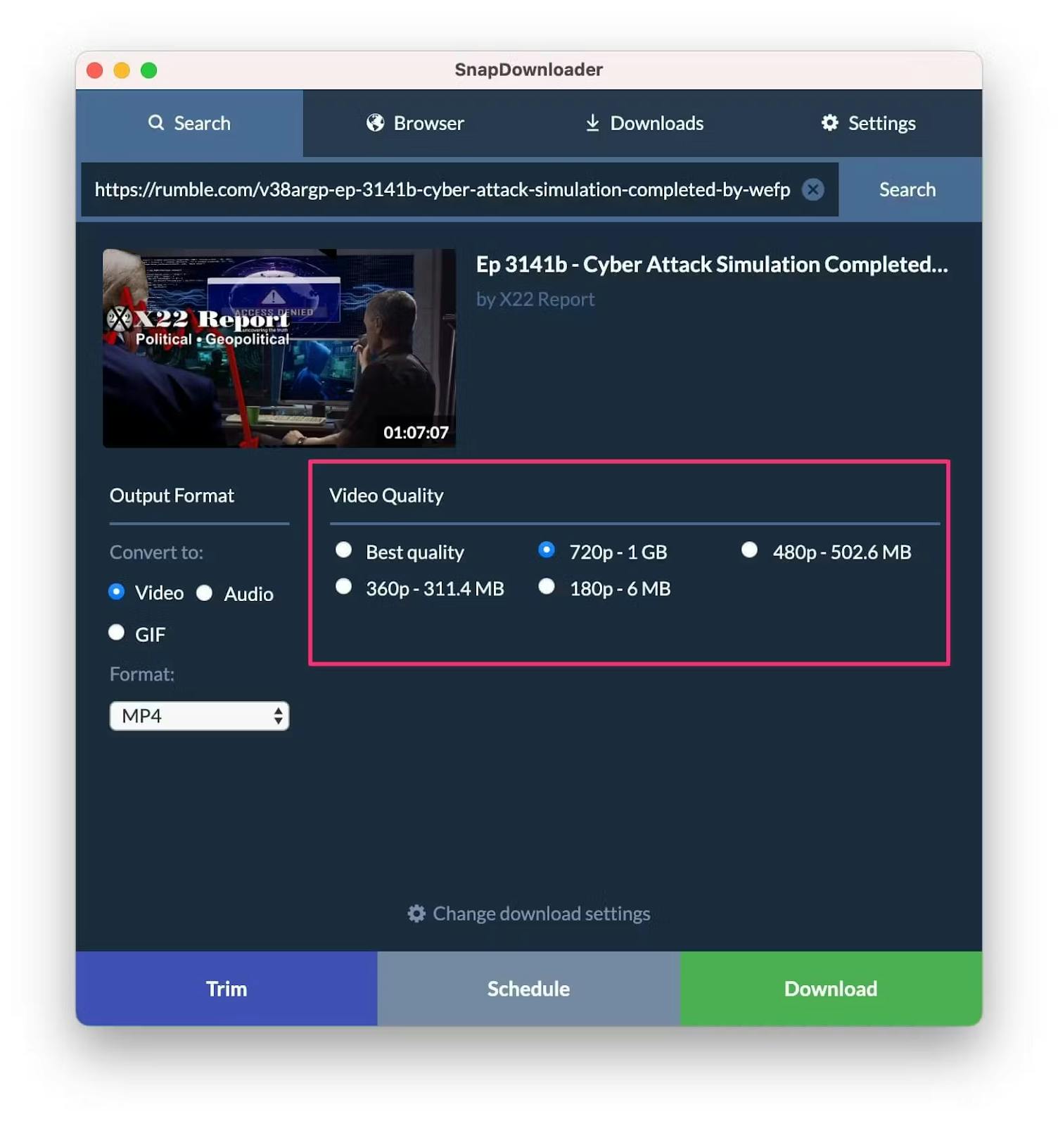 Окно SnapDownloader с найденным роликом Rumble, выбором типа вывода, MP4 и разрешения