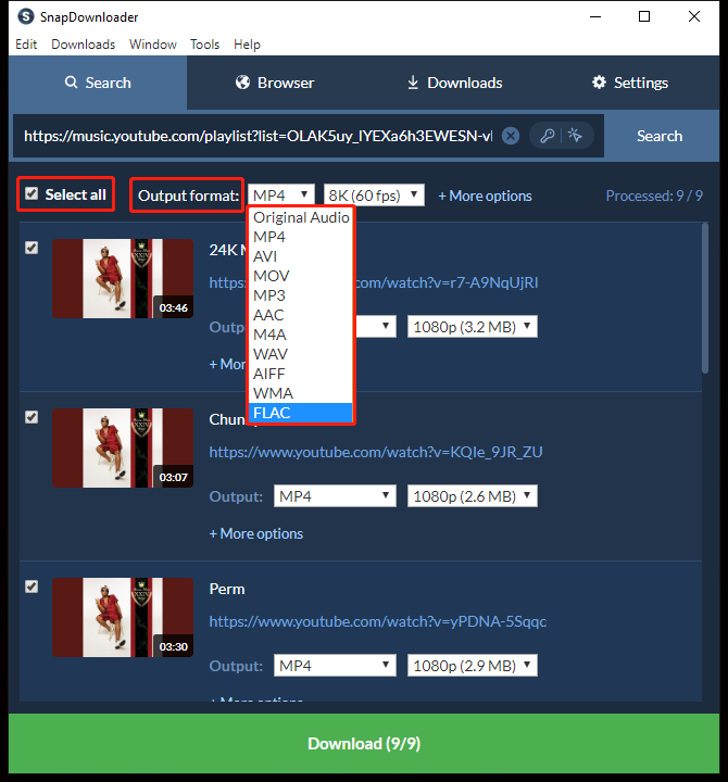 Список элементов YouTube Music в SnapDownloader с общим выбором формата и индивидуальными параметрами