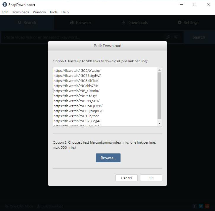 Диалог Bulk Download для вставки большого списка ссылок или выбора текстового файла