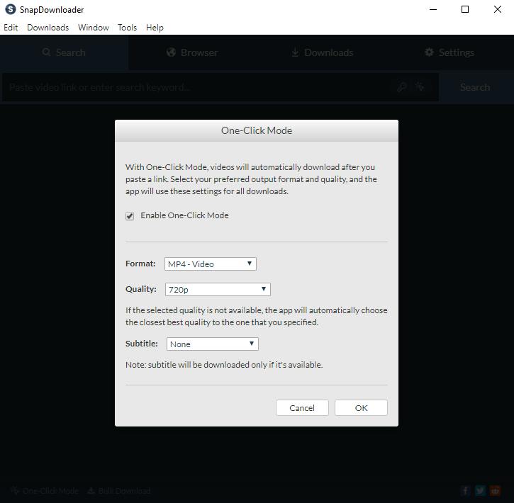 Диалог One-Click Mode с выбором формата, качества и субтитров