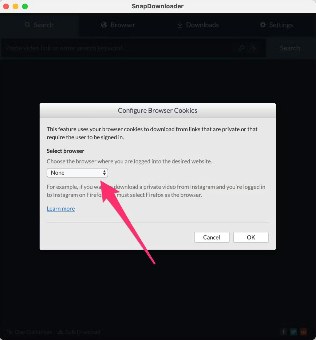 Окно Configure Browser Cookies для выбора браузера с действующей авторизацией