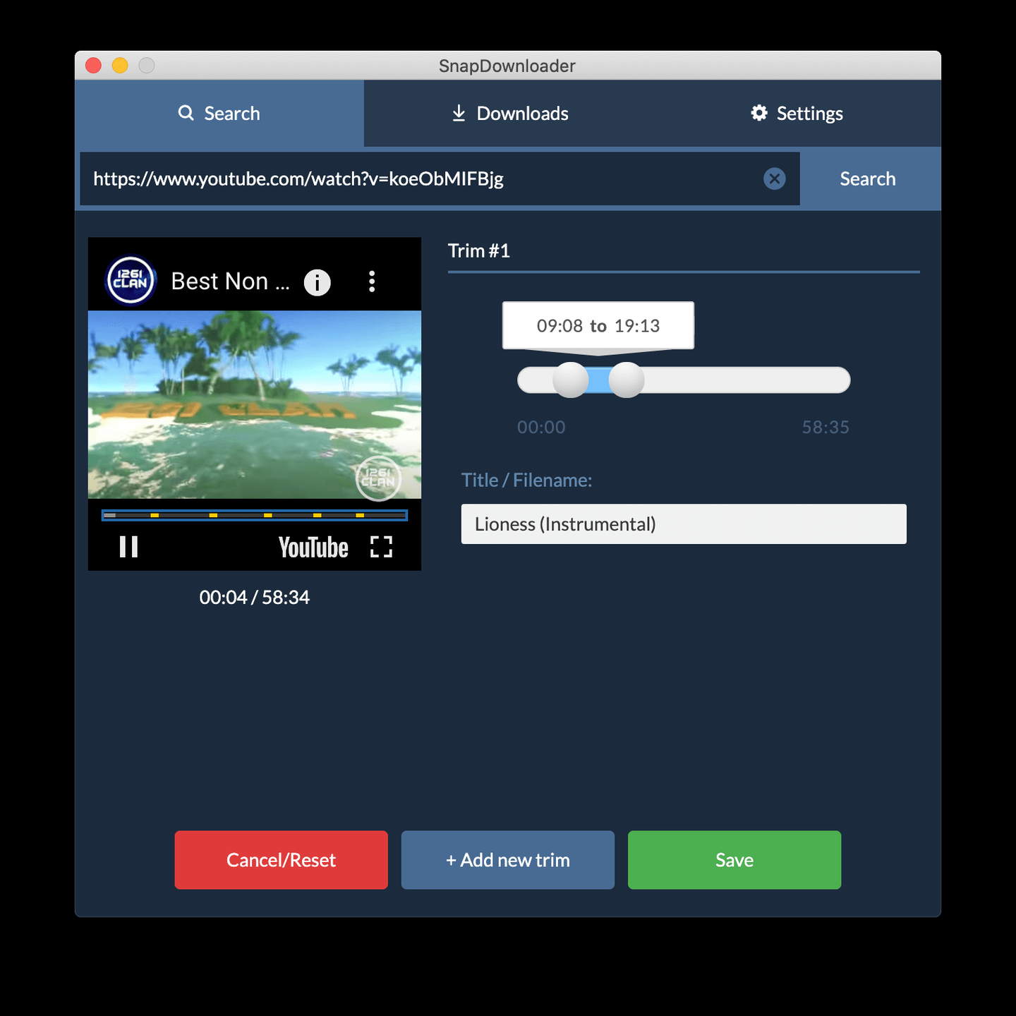 Встроенный триммер SnapDownloader с маркерами начала и конца выбранного фрагмента
