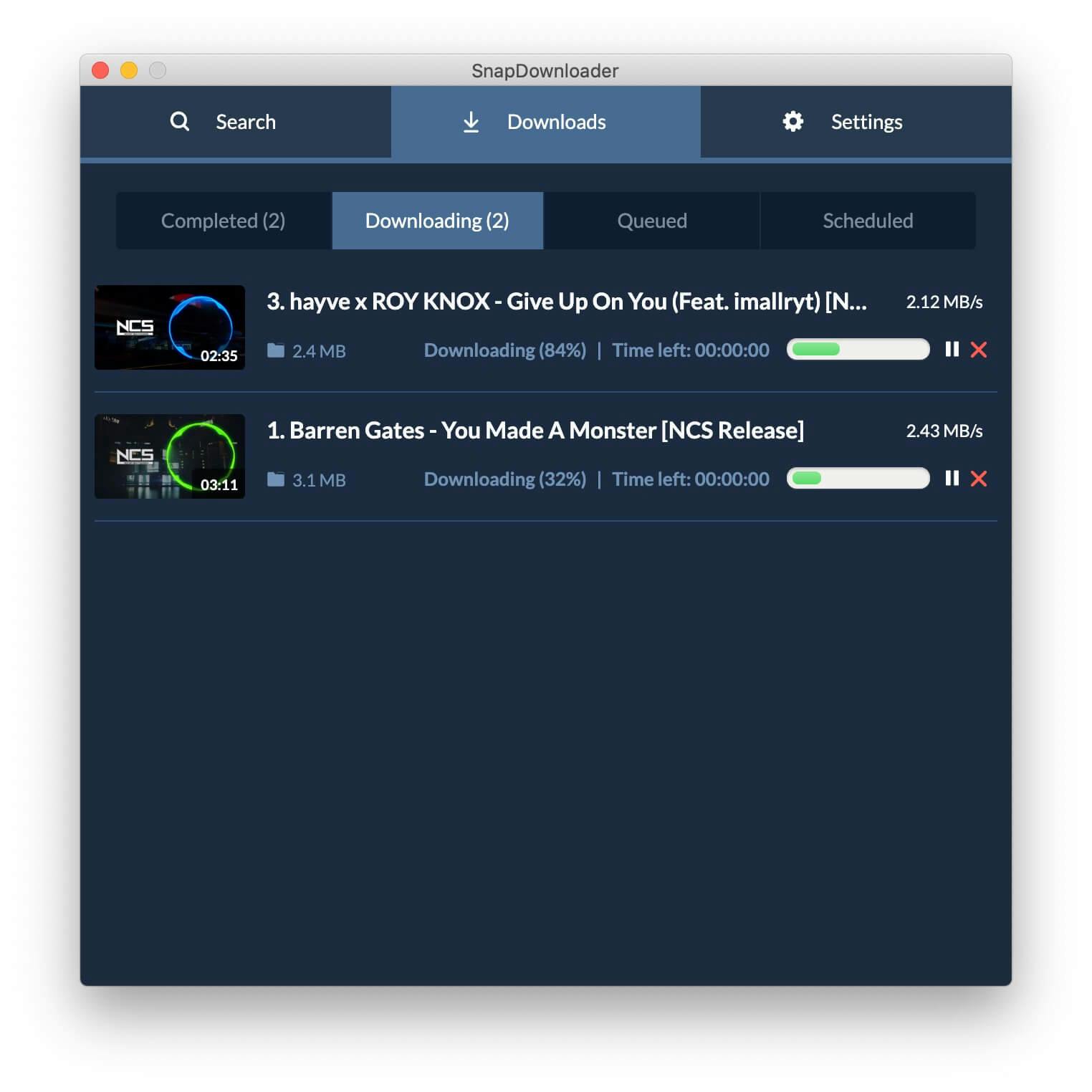 Вкладка Downloads с двумя активными загрузками, скоростью, процентом и оставшимся временем