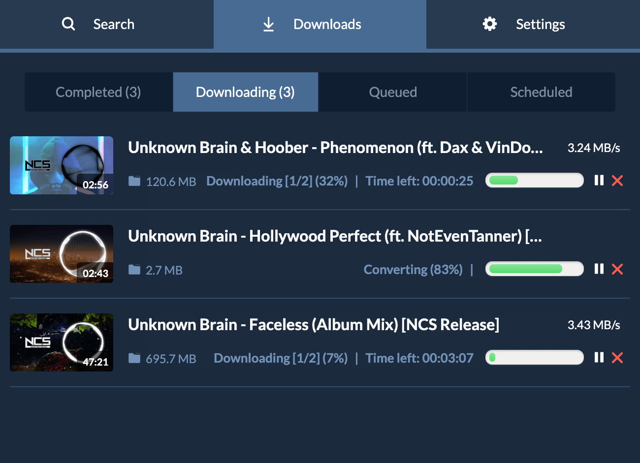 Очередь SnapDownloader с вкладками Completed, Downloading и Queued