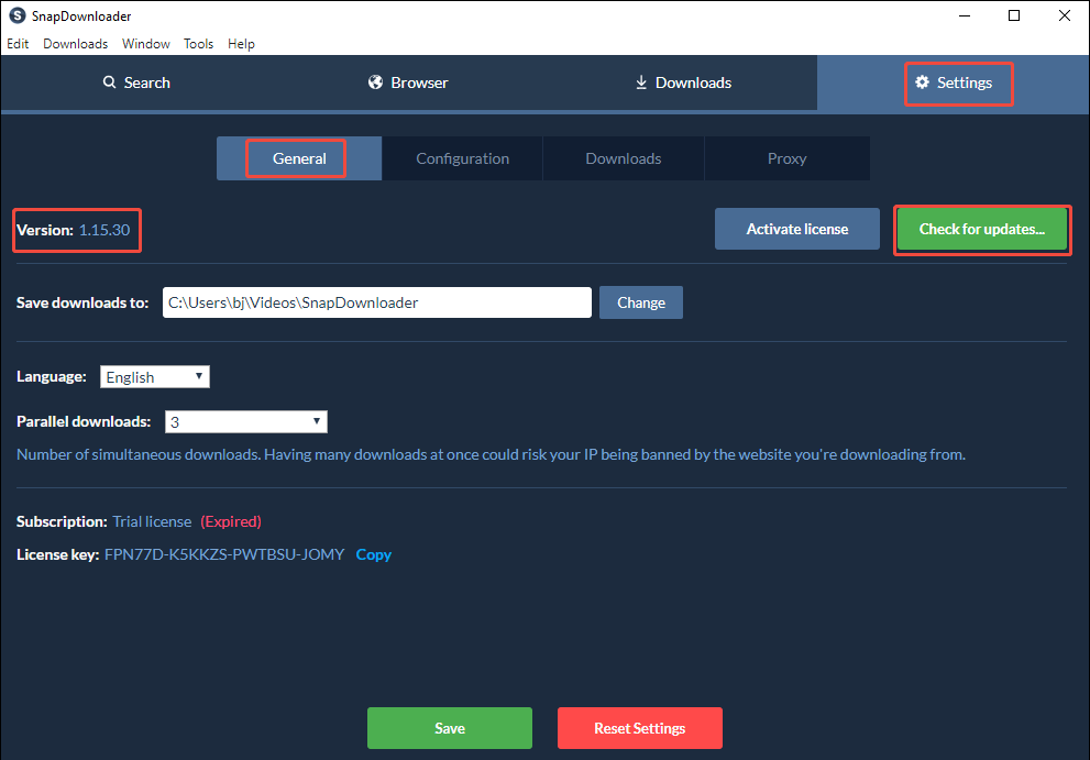 Раздел Settings → General с папкой загрузки, параллельными заданиями и проверкой обновлений