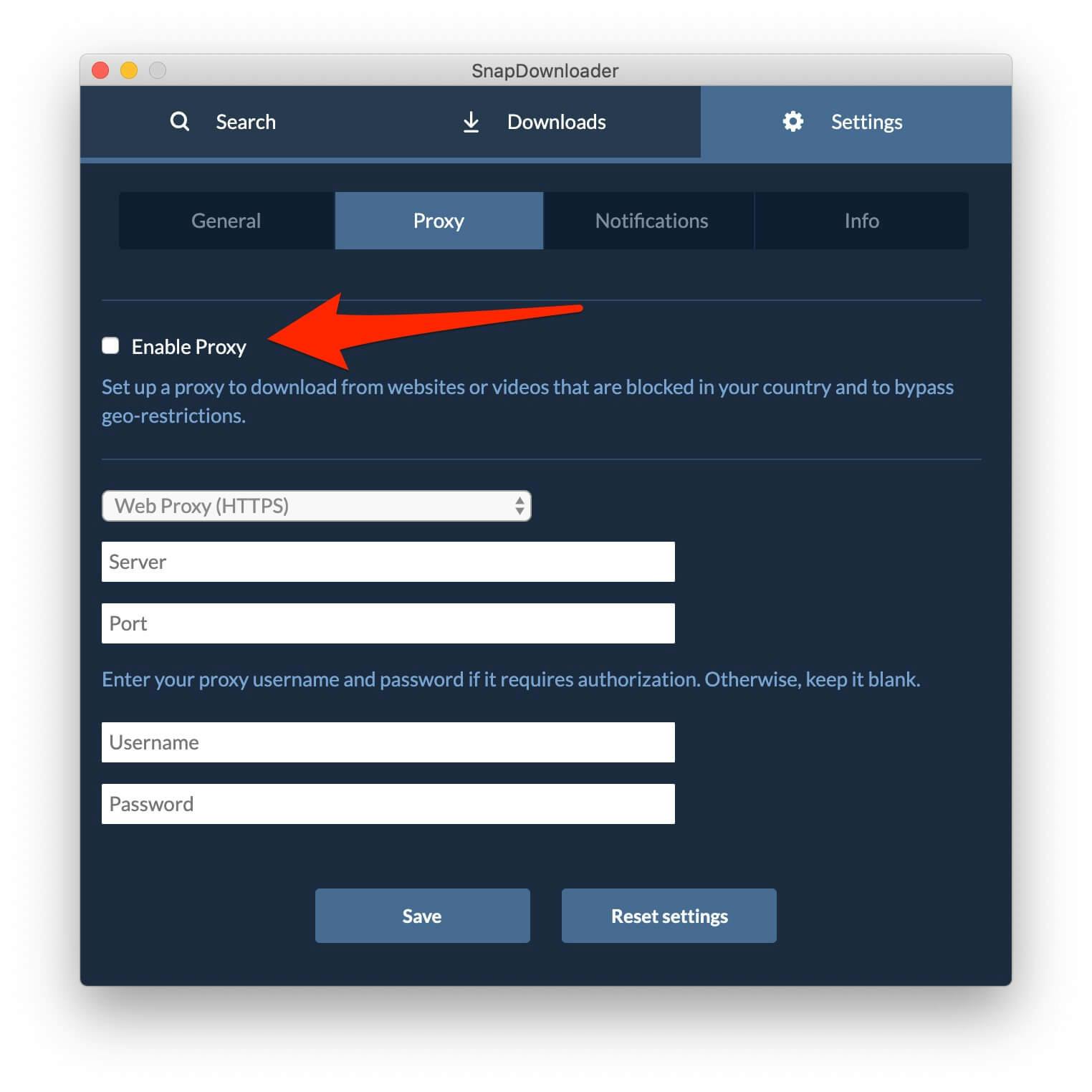 Настройки Proxy с сервером, портом, именем пользователя и паролем