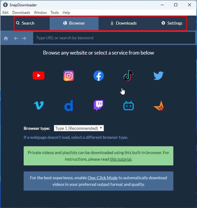 Интерфейс SnapDownloader с вкладками Search, Browser, Downloads и Settings