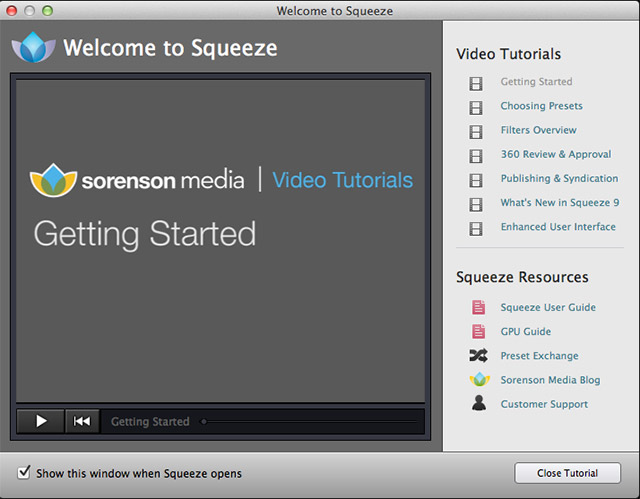 Стартовое окно Welcome to Squeeze с видеоуроками и ссылками на ресурсы