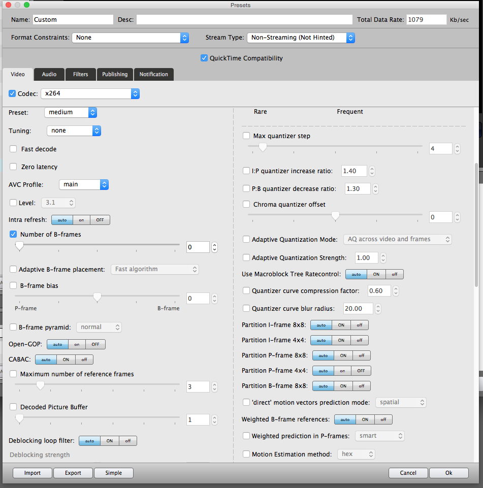 Расширенные параметры x264 в Sorenson Squeeze: профиль, B-frames, CABAC, reference frames и квантование