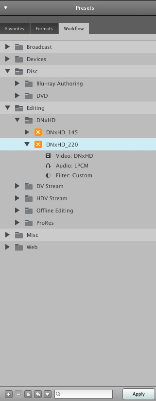 Пресеты Avid DNxHD в категории Editing Sorenson Squeeze