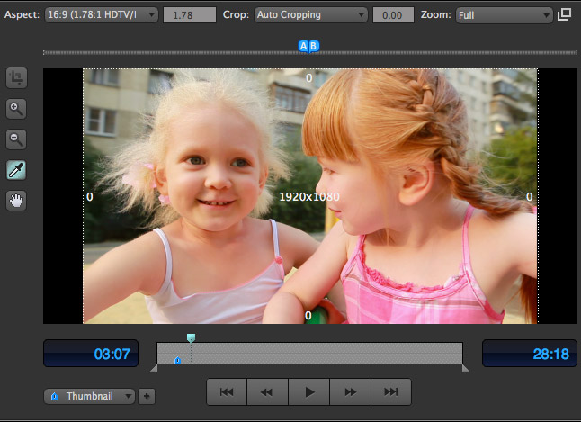Окно предпросмотра Sorenson Squeeze с аспектом, Crop, Zoom, A/B и точками In/Out