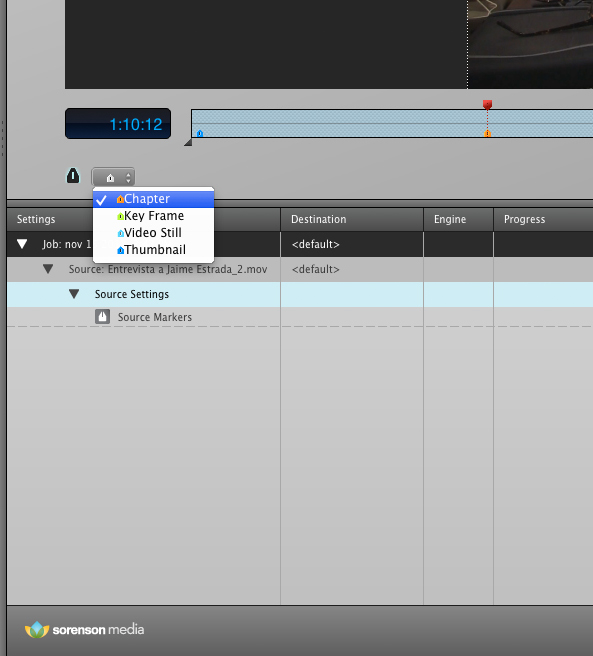 Меню маркеров Chapter, Key Frame, Video Still и Thumbnail в Sorenson Squeeze