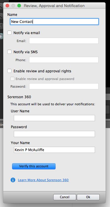 Окно Review, Approval and Notification Sorenson Squeeze с e-mail, SMS и параметрами доступа